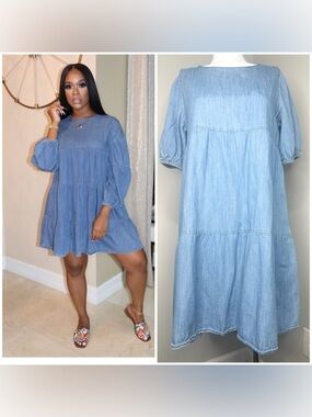 OLD NAVY Light Blue Denim Tiered Babydoll Dress